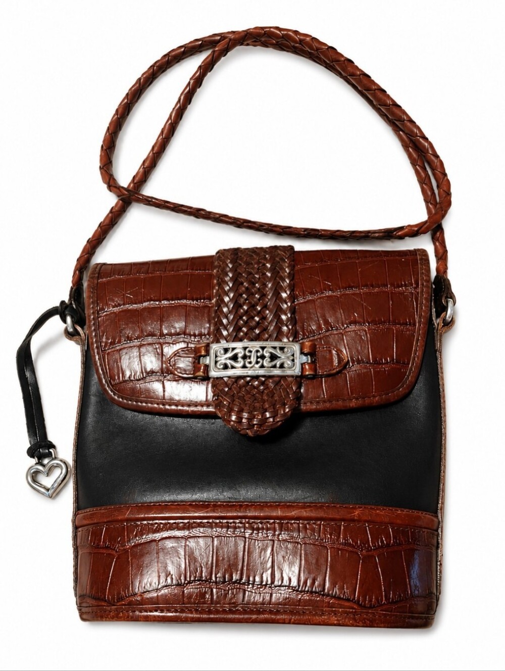 Vintage Brighton Cheryl Leather Crossbody Bag Faux Crocodile Trim Braided Strap